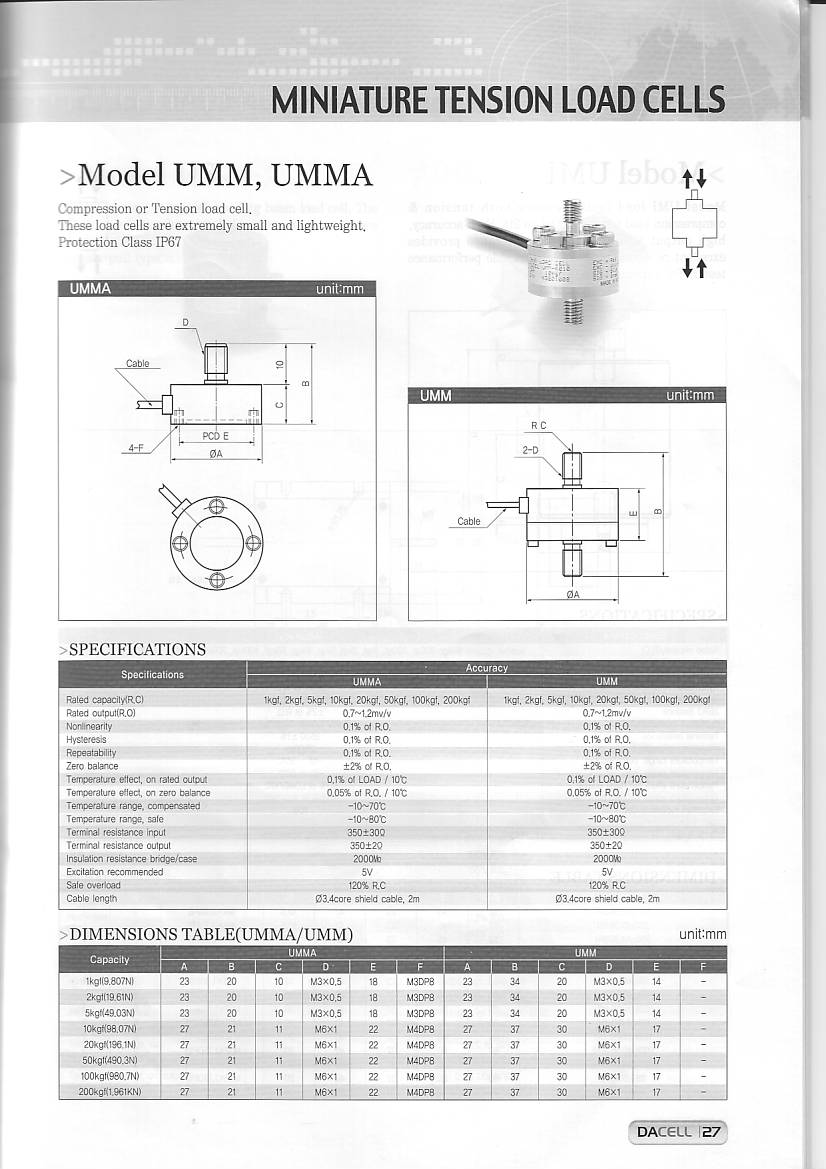 Dacell UMM UMMA 稱重傳感器技術參數圖